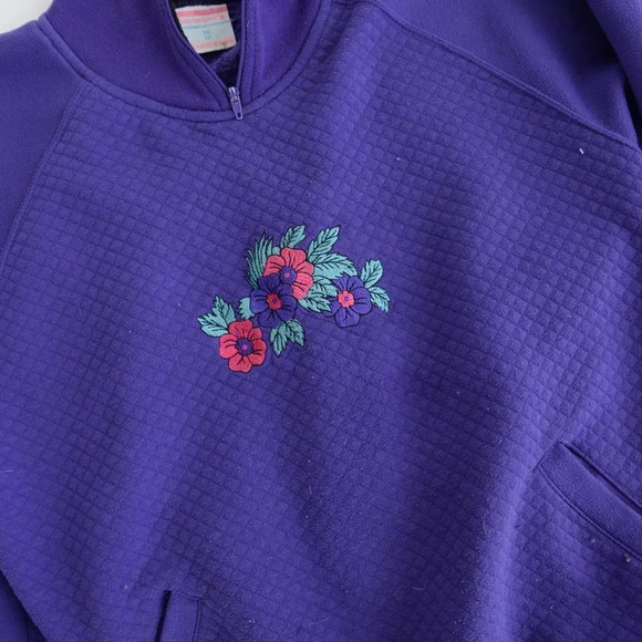 Vintage Lady Footlocker Purple  Floral Half Zip Long Sleeve Sweater Med - Picture 10 of 14